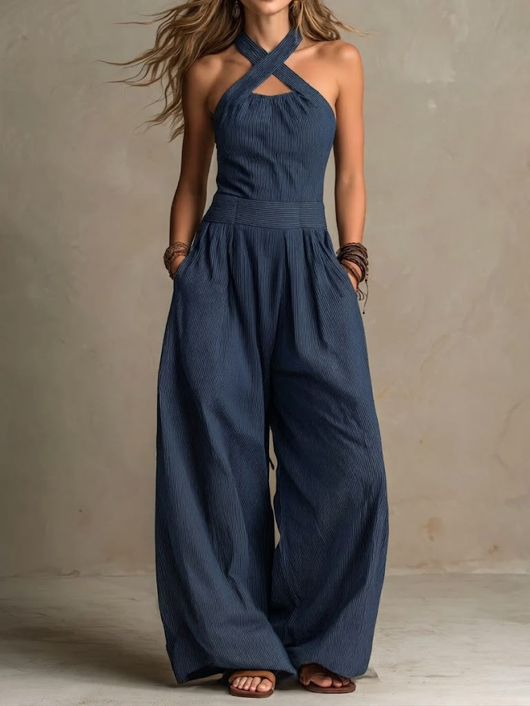 Covernorth Women’s Striped Crisscross Halter Wide-Leg Jumpsuit
