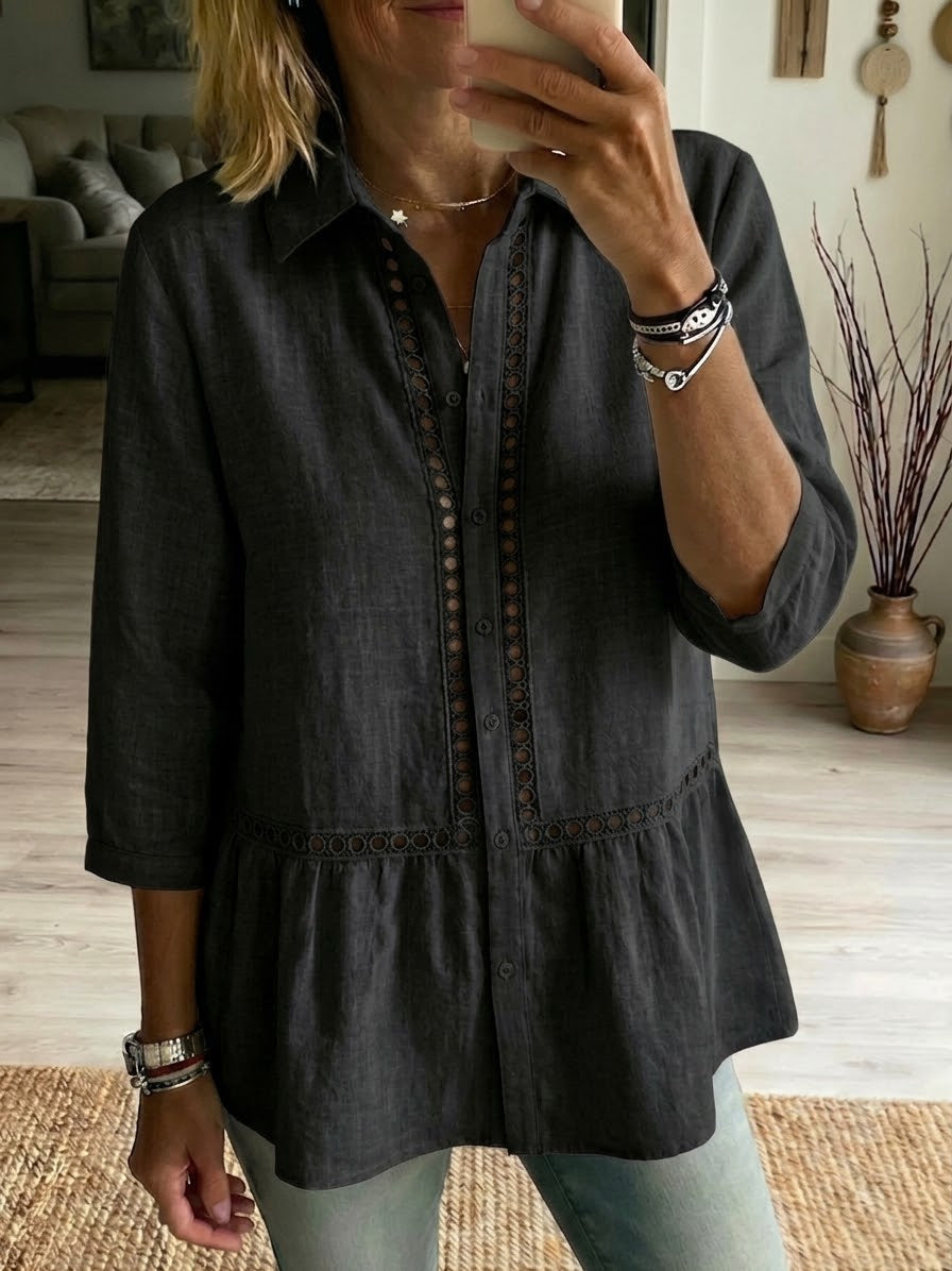 Women’s Eyelet Trim Linen Peplum Blouse