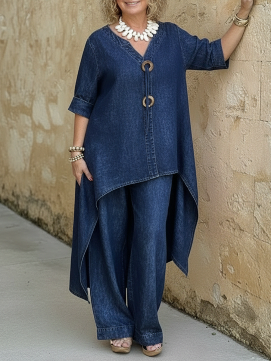 Women's Denim High-Low Tunic and Wide-Leg Pants Set
