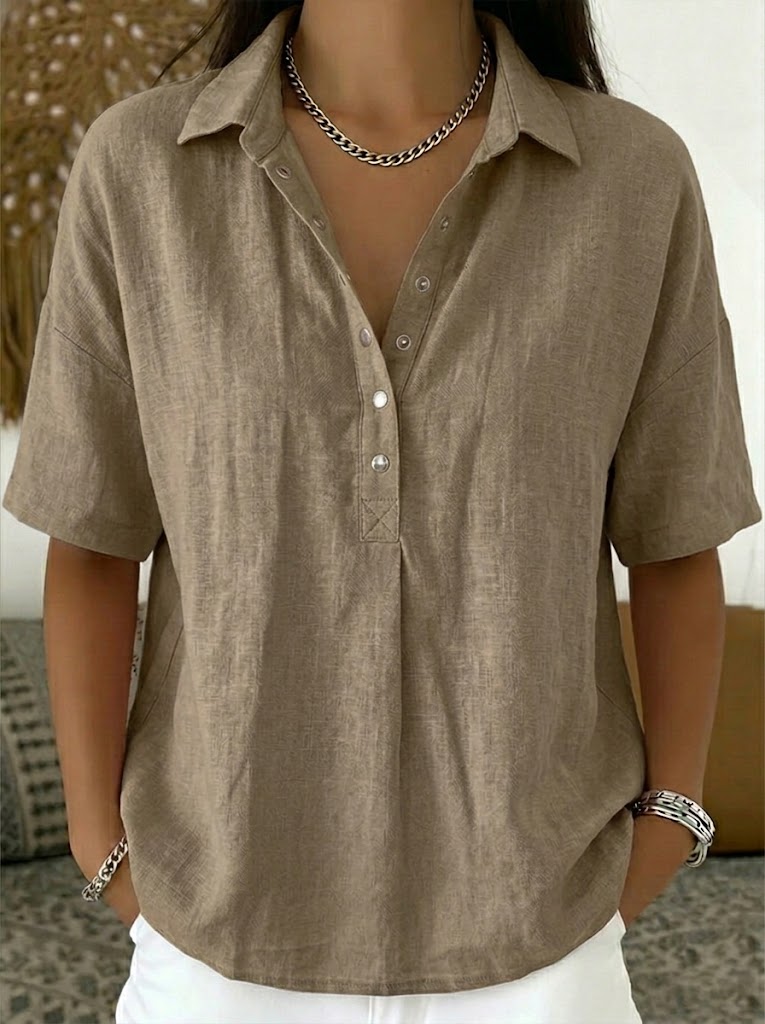 Women's Linen-Blend Short-Sleeve Henley Shirt