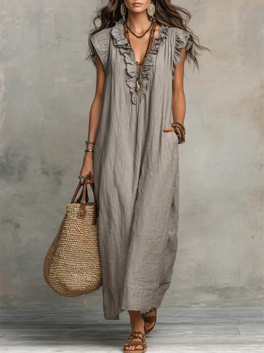 Covernorth Women's Ruffle V-Neck Maxi Dress with Pockets
