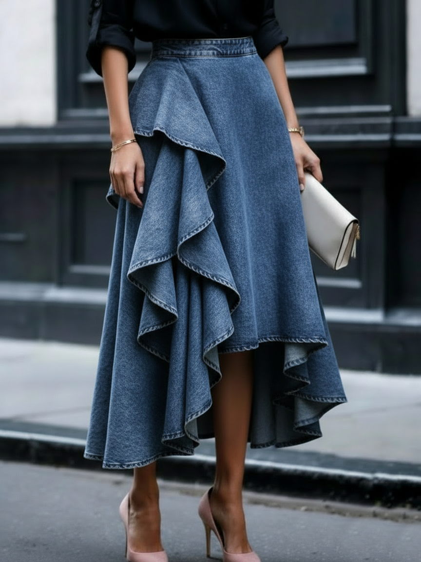 Covernorth Women’s Ruffled Denim Midi Skirt