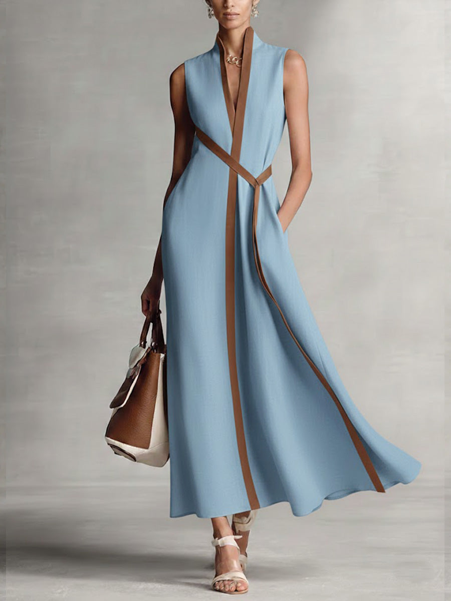 Covernorth Women’s Stand-Up Collar Sleeveless Linen Maxi Dress