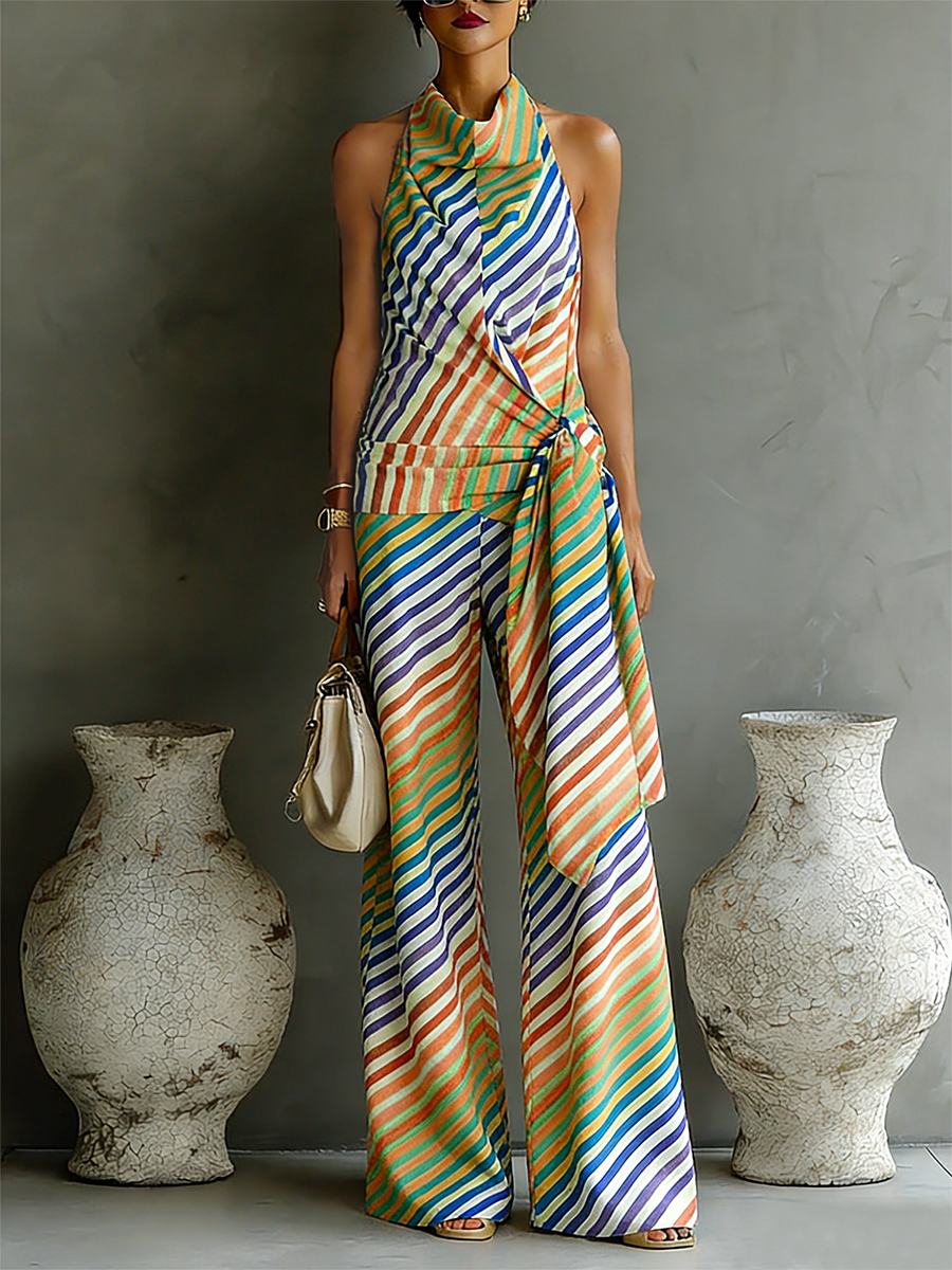 Covernorth Women's Striped Halter Top and Wide-Leg Trousers Set