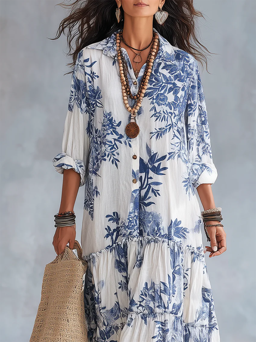 Women’s Retro Boho Blue Floral Print Maxi Shirt Dress
