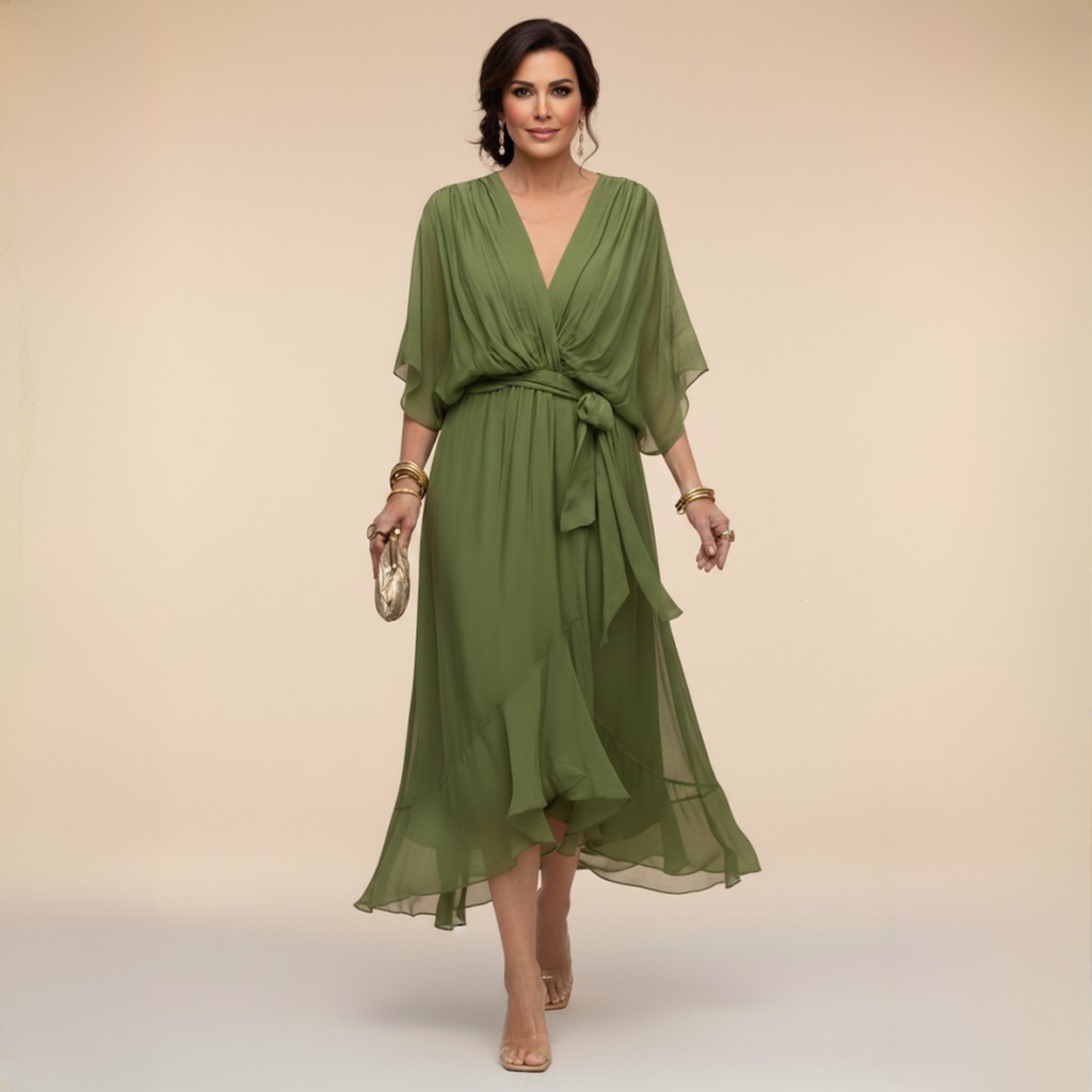 Women’s V-Neck Pleated Wrap Midi Dress