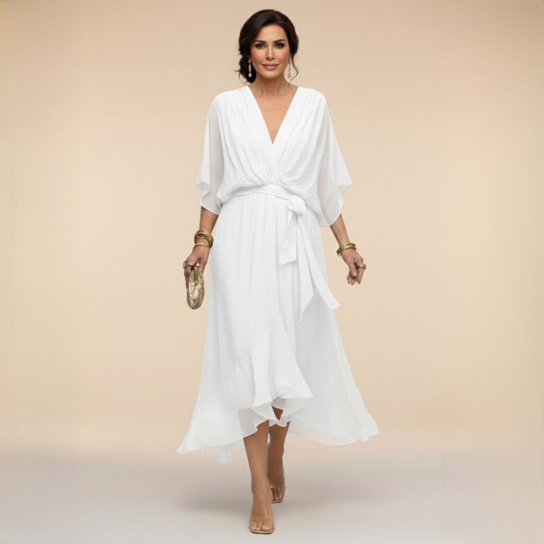 Women’s V-Neck Pleated Wrap Midi Dress