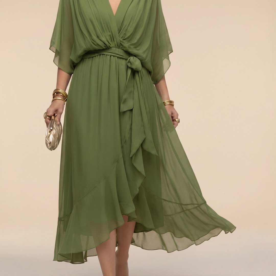 Women’s V-Neck Pleated Wrap Midi Dress