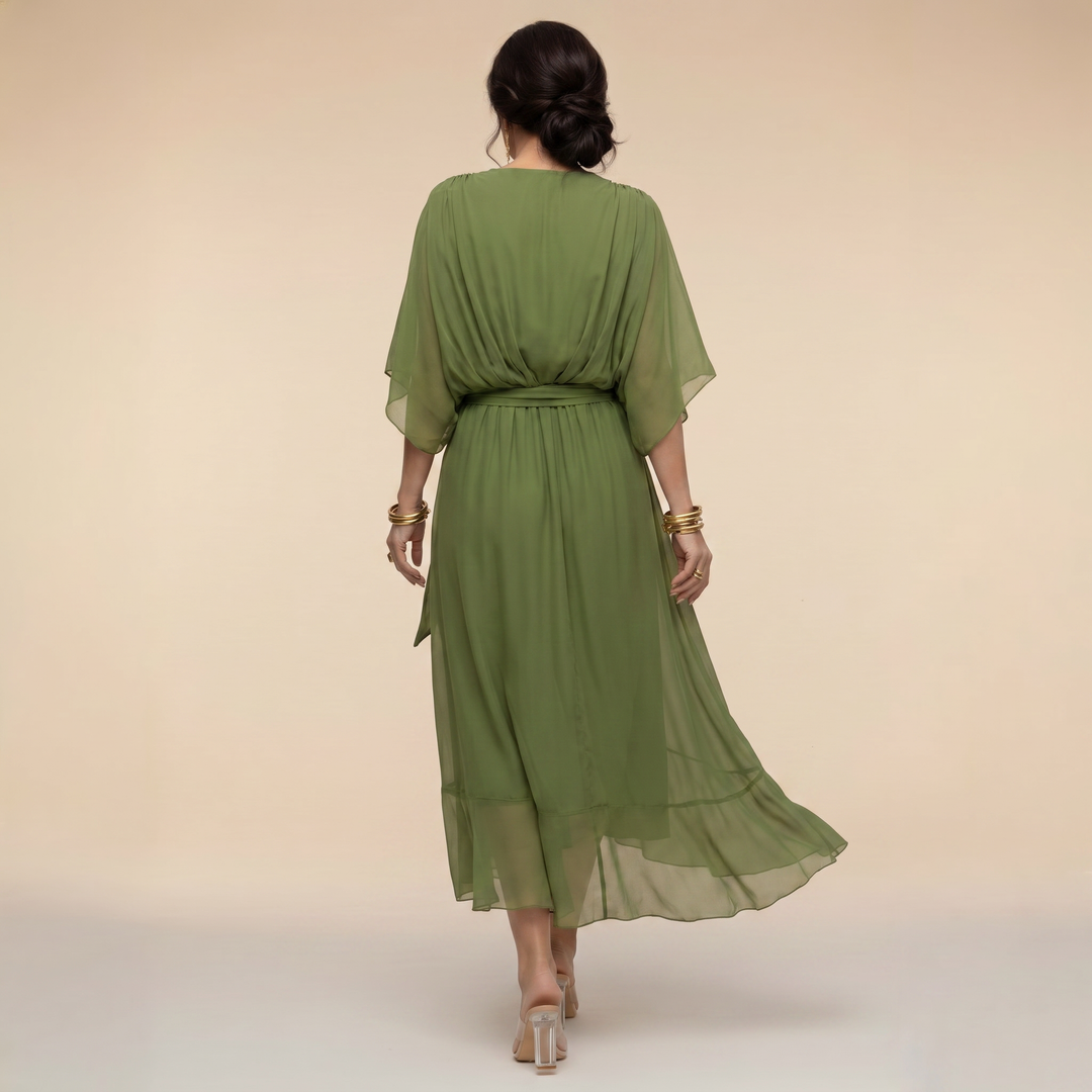 Women’s V-Neck Pleated Wrap Midi Dress