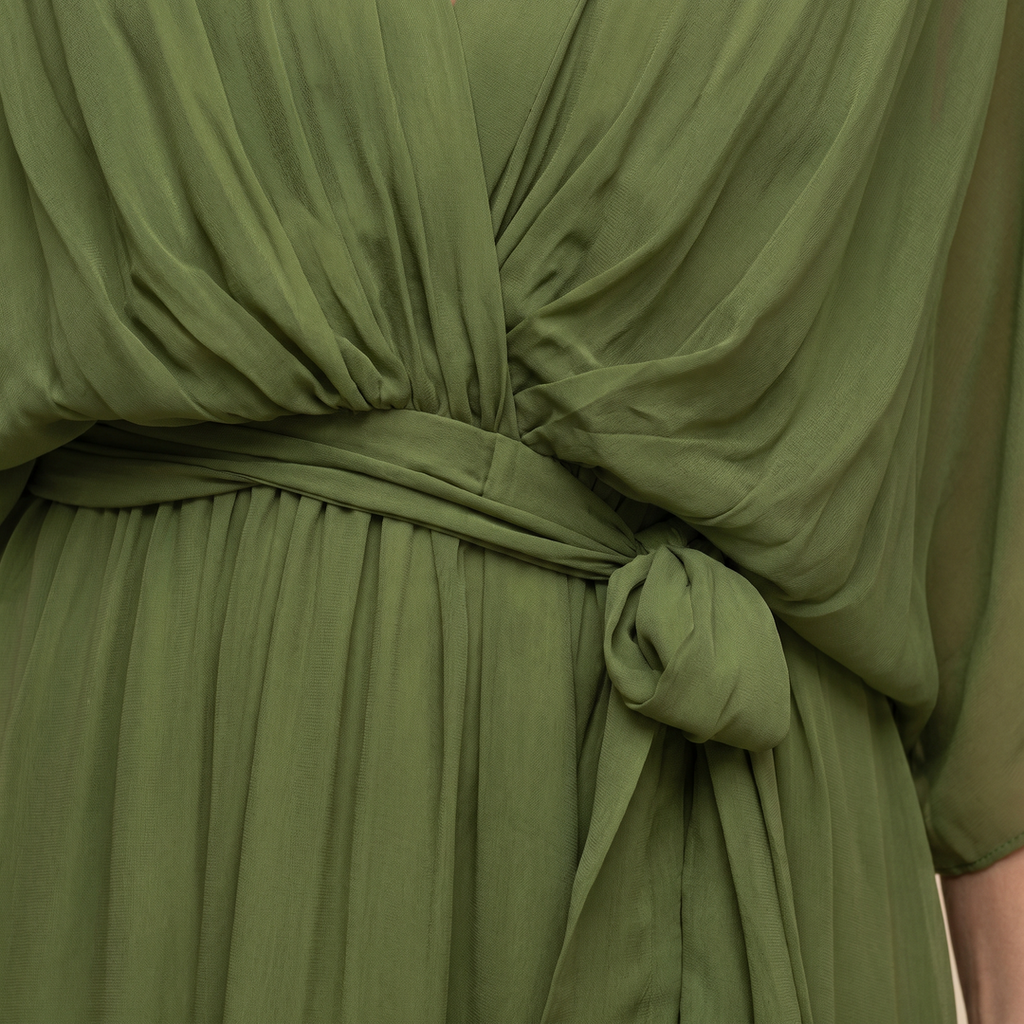 Women’s V-Neck Pleated Wrap Midi Dress