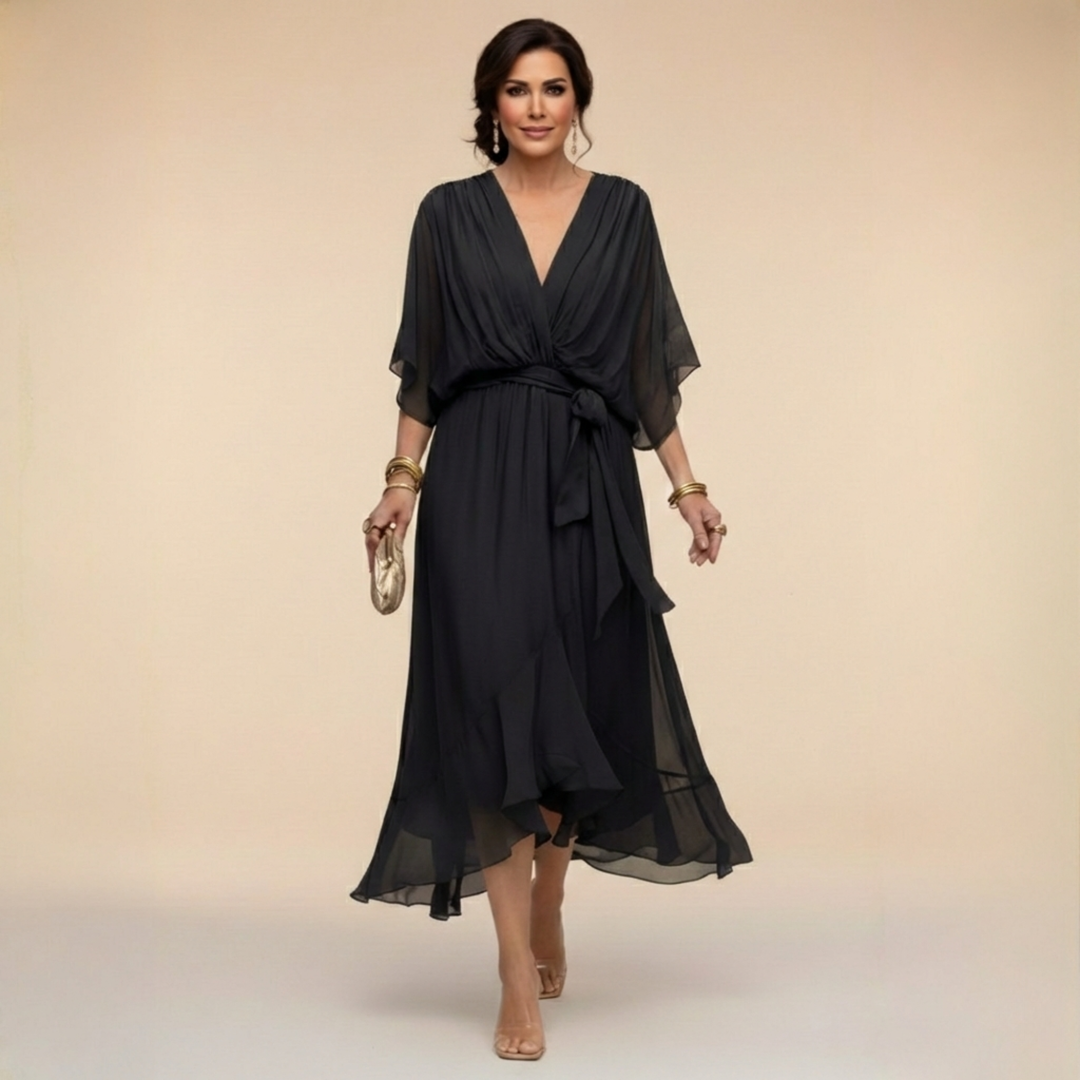 Women’s V-Neck Pleated Wrap Midi Dress