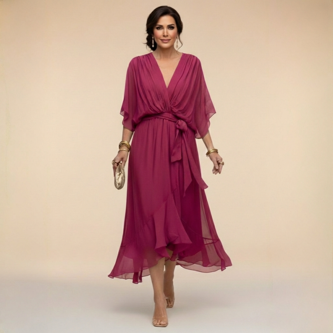 Women’s V-Neck Pleated Wrap Midi Dress