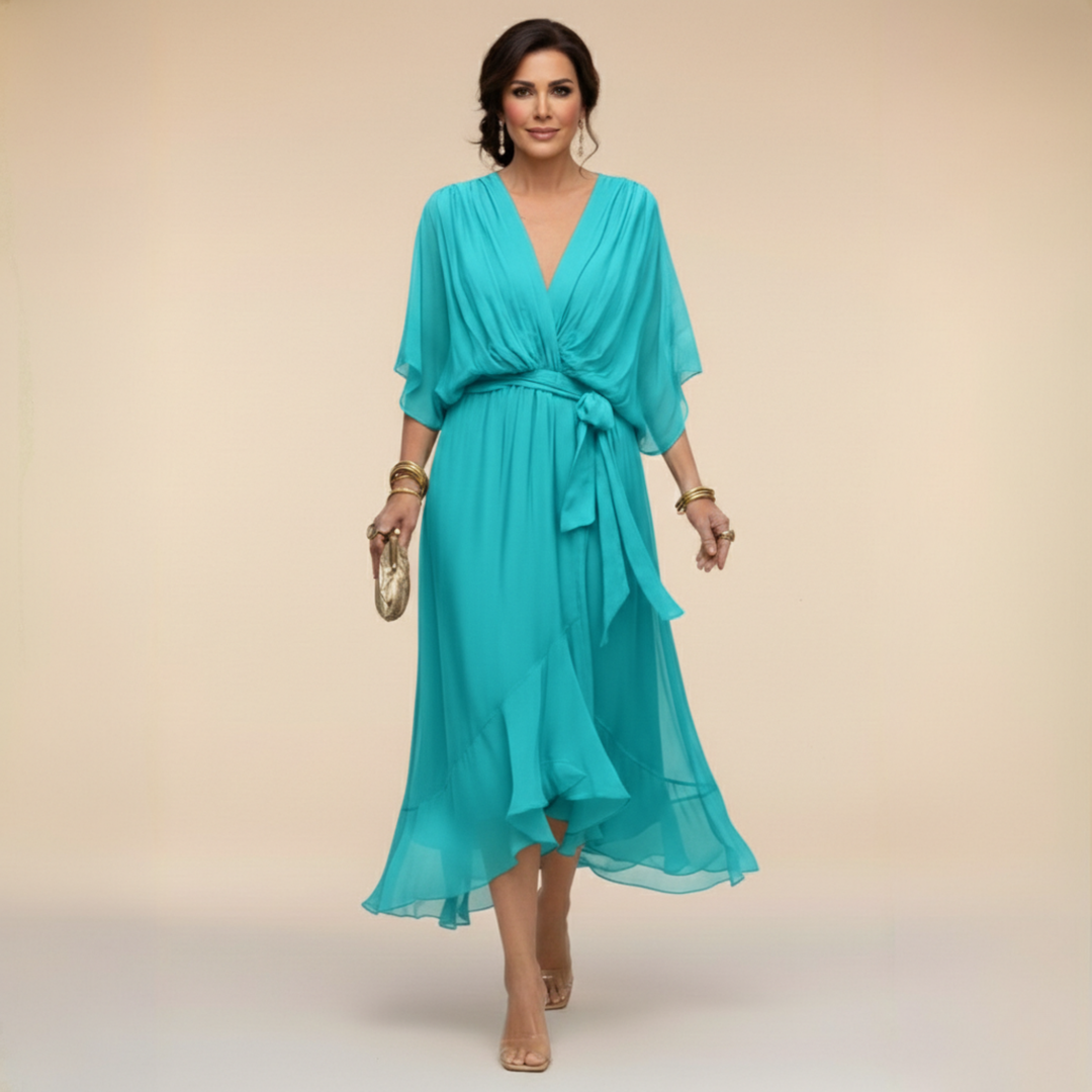 Women’s V-Neck Pleated Wrap Midi Dress