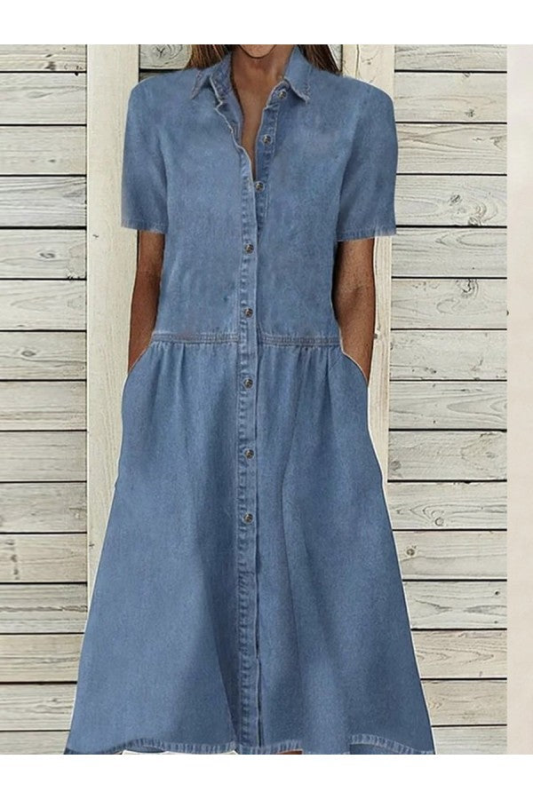 Women's Denim Short Sleeve Button Up Shirt Dress