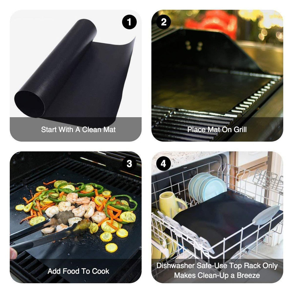 Non-Stick BBQ Grill Mat | Heat-Resistant PTFE Coated | Outdoor Cooking & Baking | Black