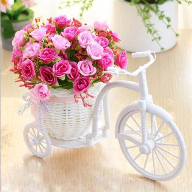 Bicycle Flower Vase | Silk Rose Basket Decor | Living Room & Desk