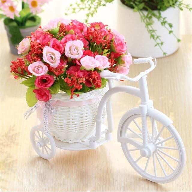 Bicycle Flower Vase | Silk Rose Basket Decor | Living Room & Desk