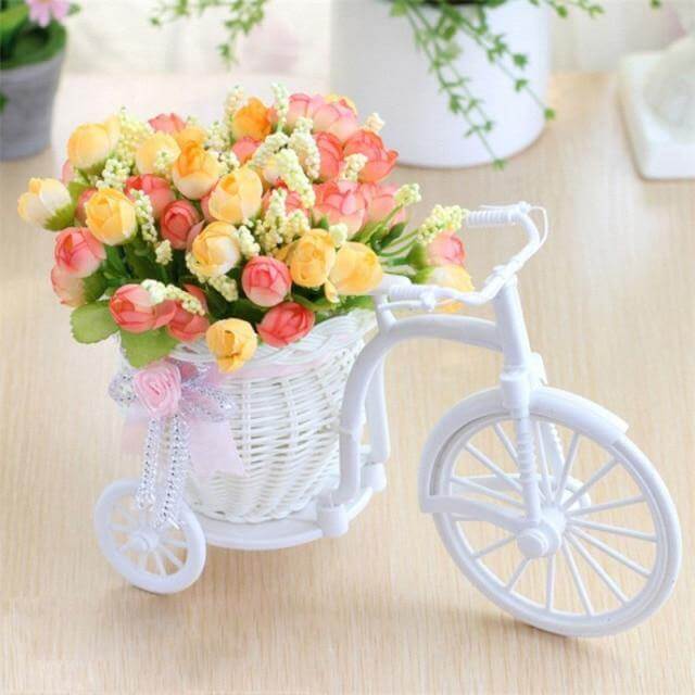 Bicycle Flower Vase | Silk Rose Basket Decor | Living Room & Desk