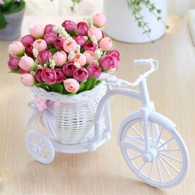 Bicycle Flower Vase | Silk Rose Basket Decor | Living Room & Desk