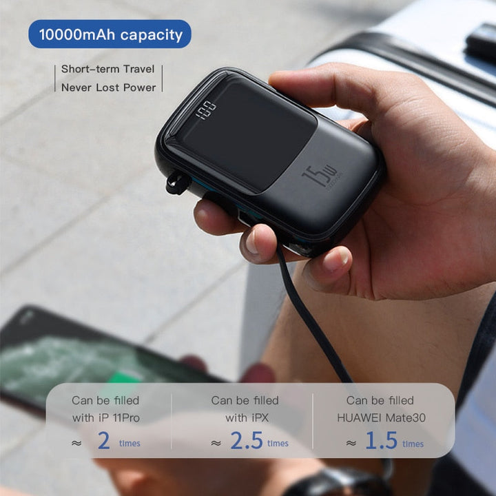 Built-in Charger Mini Power Bank | 10000mAh Capacity & Cables | Travel & Phones