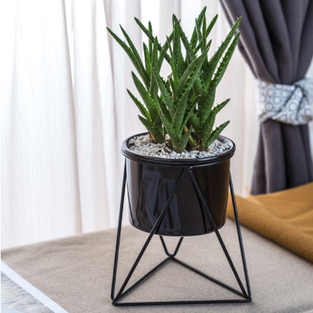 Geometric Iron Rack Flower Pot | Nordic Ceramic Planter | Living Room & Office
