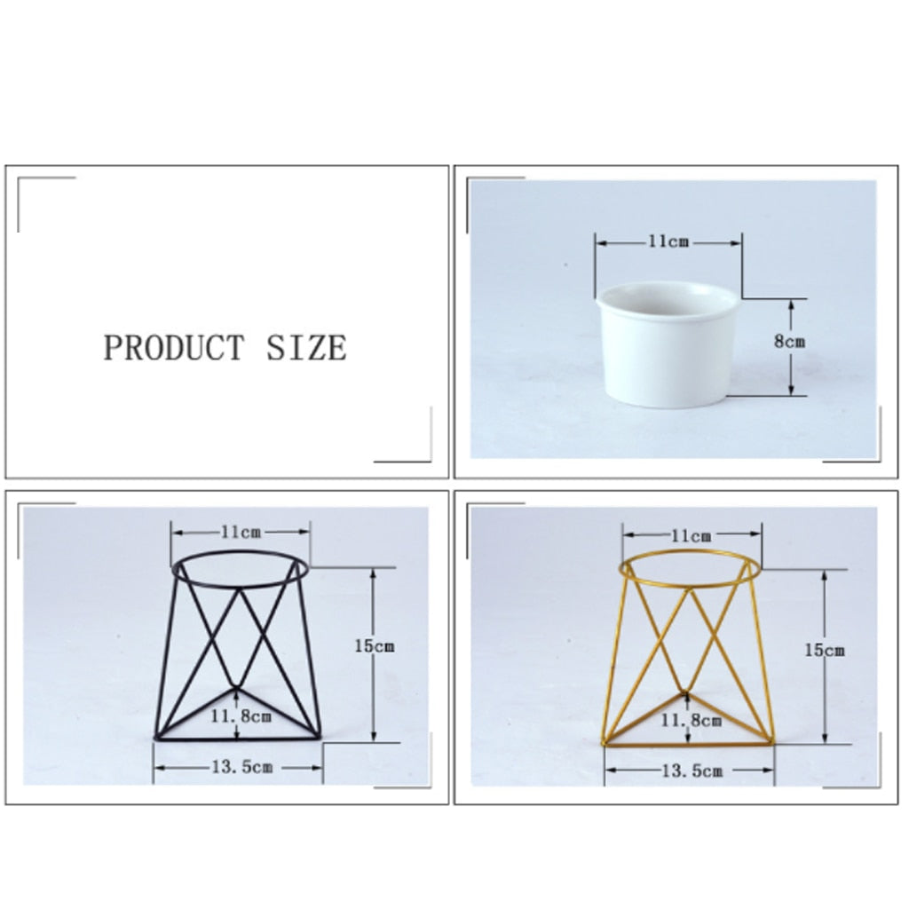 Geometric Iron Rack Flower Pot | Nordic Ceramic Planter | Living Room & Office