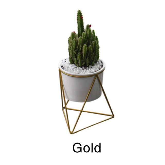 Geometric Iron Rack Flower Pot | Nordic Ceramic Planter | Living Room & Office