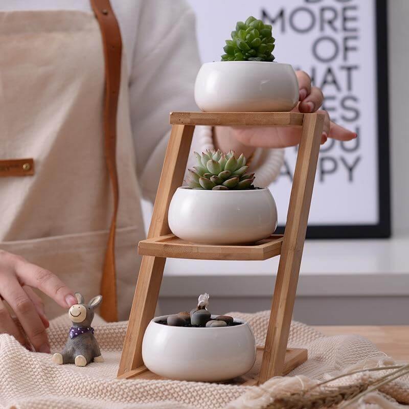 Modern Minimalist White Ceramic Flowerpot | Hand-Carved Planter Set | Desktop | White
