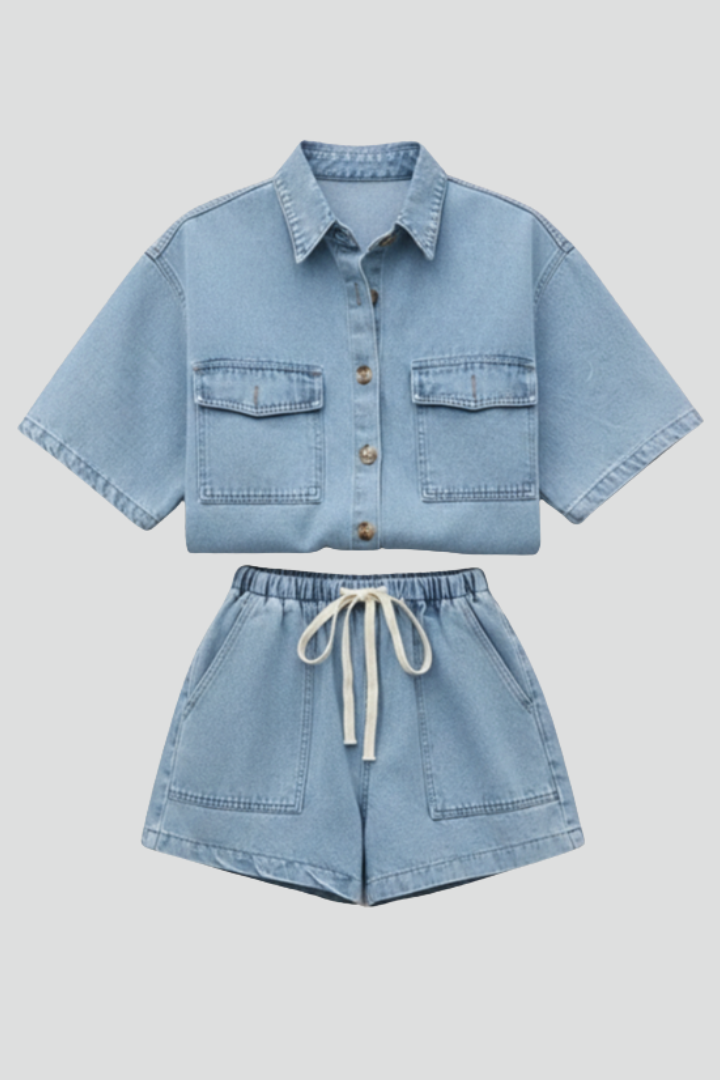Women Denim Short Sleeve Shirt and Shorts Set