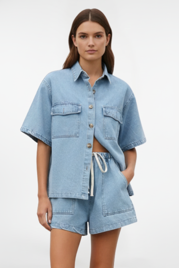 Women Denim Short Sleeve Shirt and Shorts Set