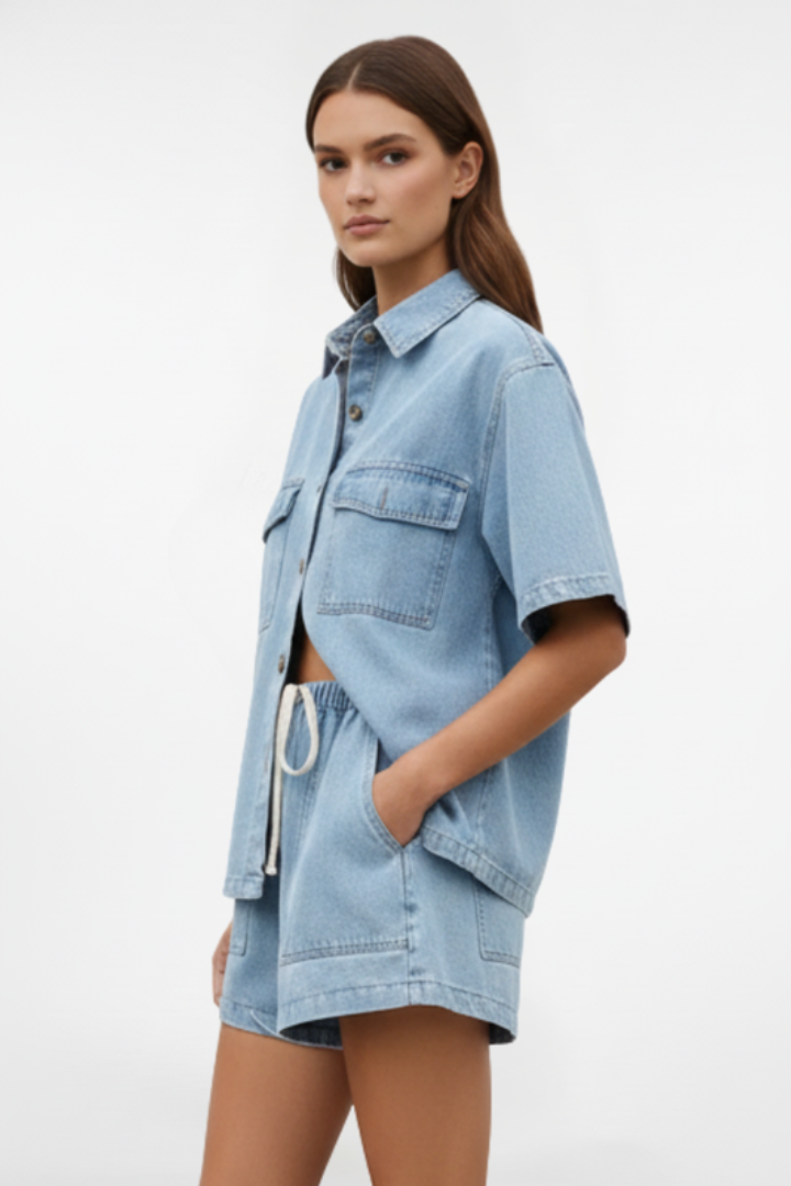 Women Denim Short Sleeve Shirt and Shorts Set