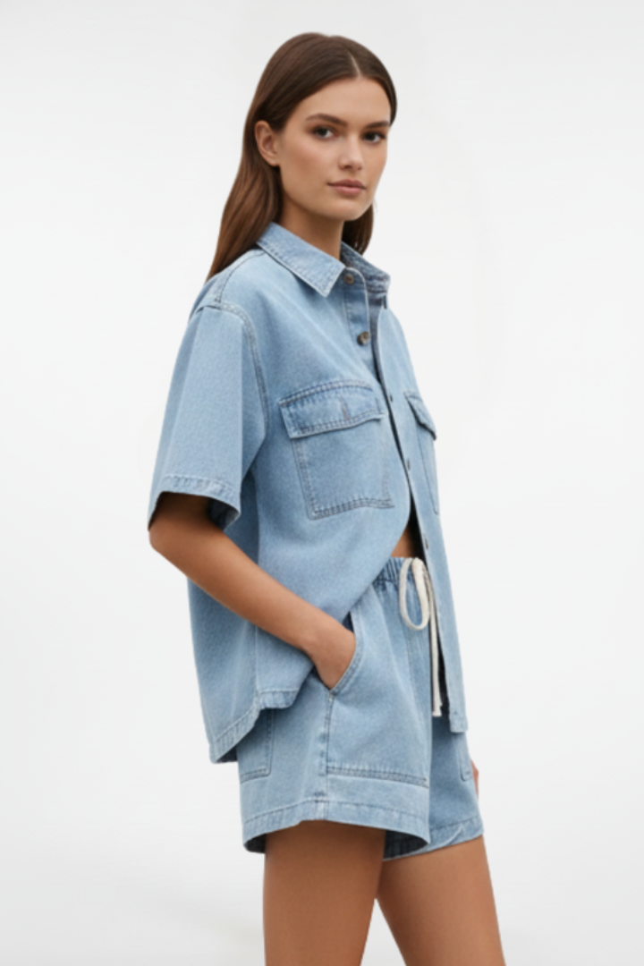 Women Denim Short Sleeve Shirt and Shorts Set