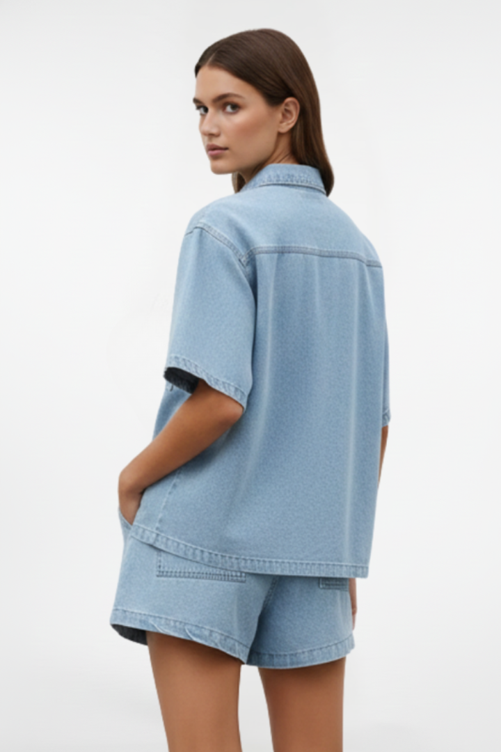 Women Denim Short Sleeve Shirt and Shorts Set