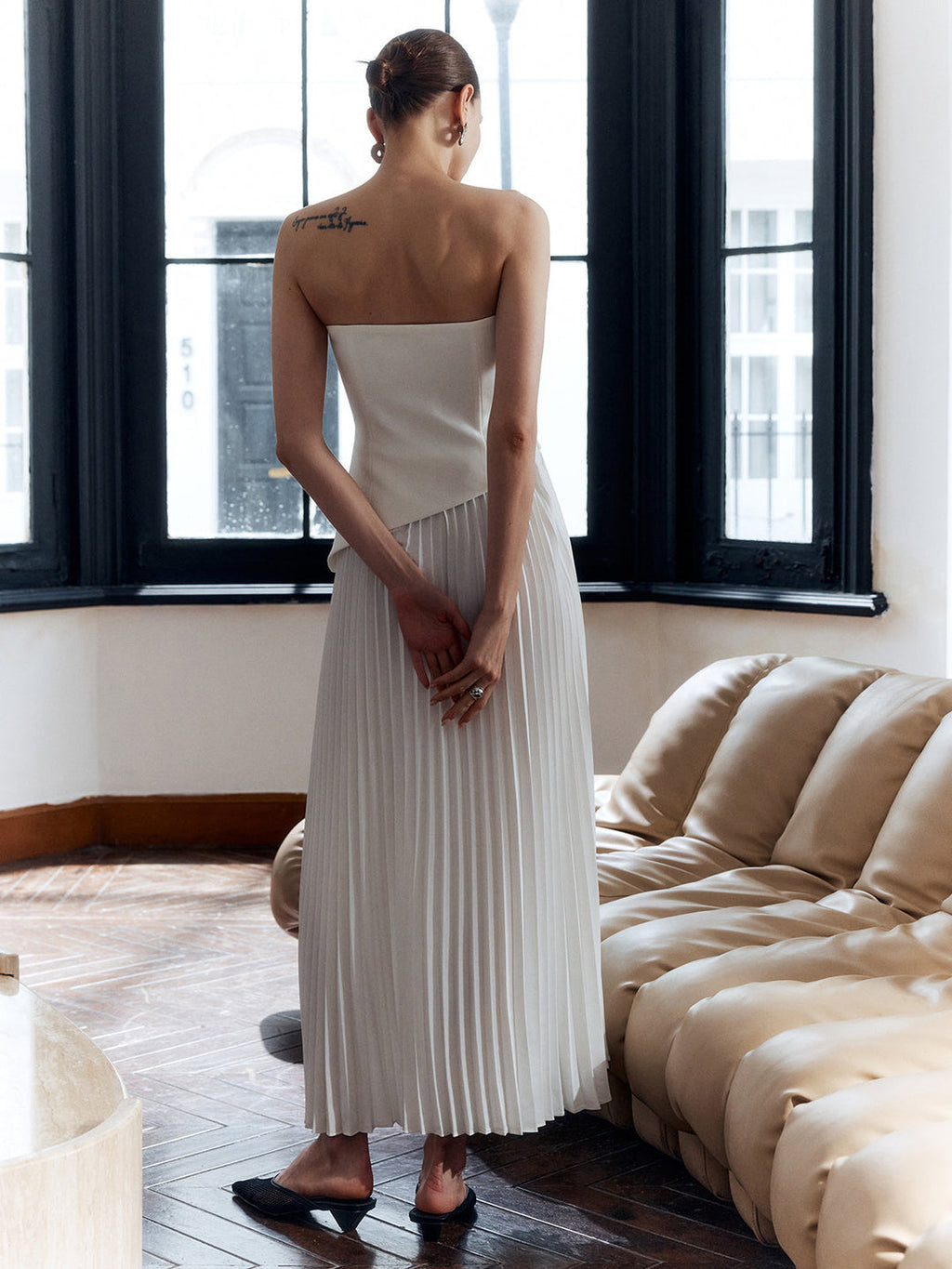 Women’s Strapless Asymmetric Pleated Maxi Dress