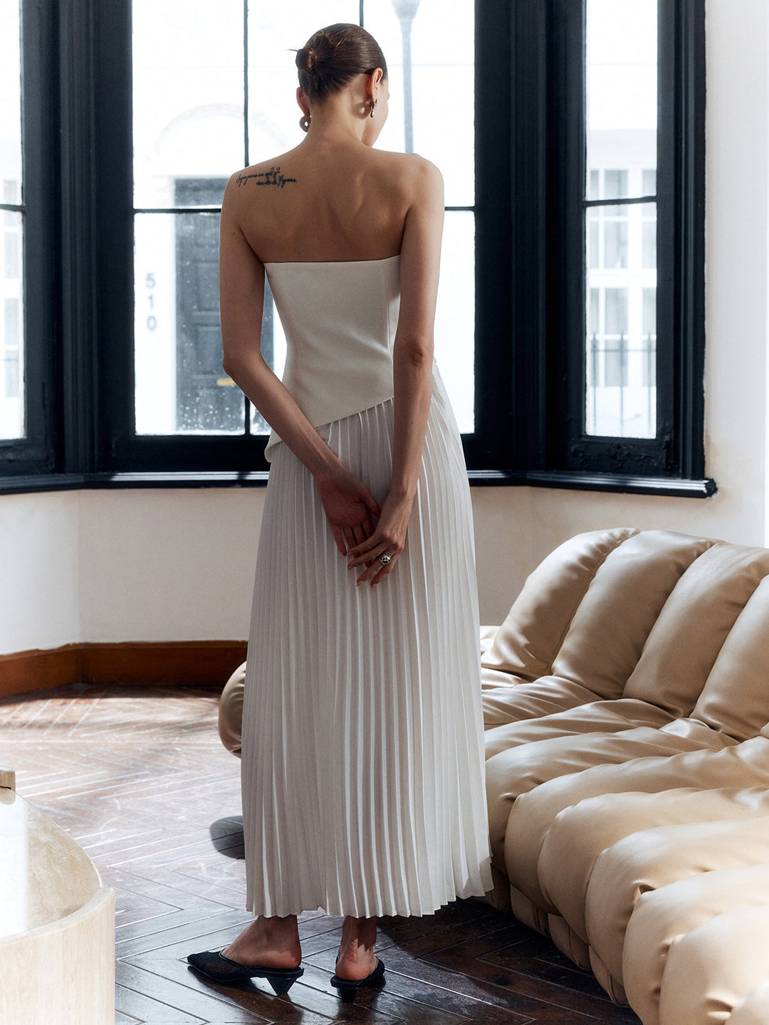 Women’s Strapless Asymmetric Pleated Maxi Dress