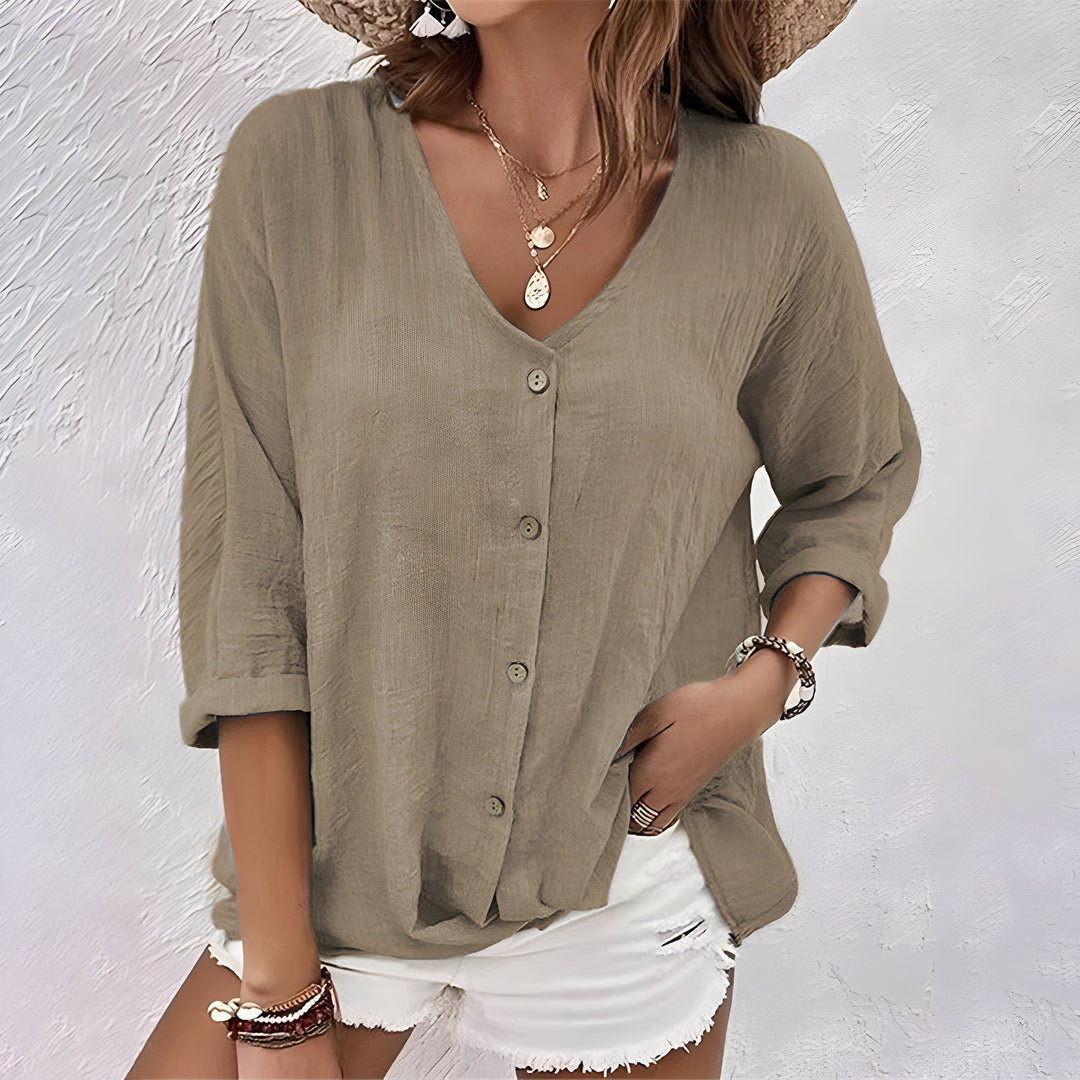 Women's V-Neck Button-Down Long Sleeve Blouse