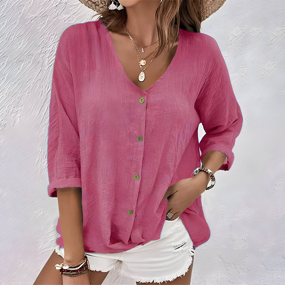Women's V-Neck Button-Down Long Sleeve Blouse