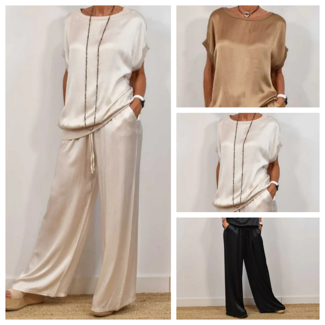 Women’s Satin Short-Sleeve Wide-Leg Lounge Set