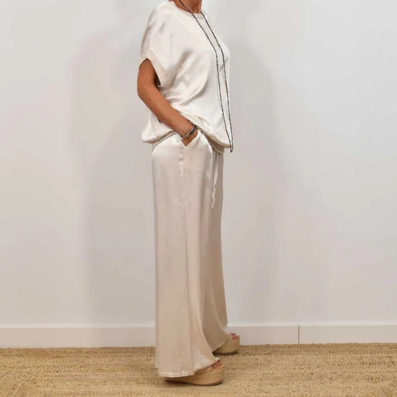 Women’s Satin Short-Sleeve Wide-Leg Lounge Set