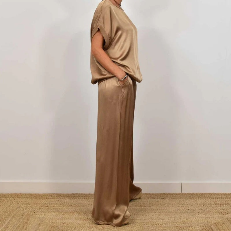 Women’s Satin Short-Sleeve Wide-Leg Lounge Set