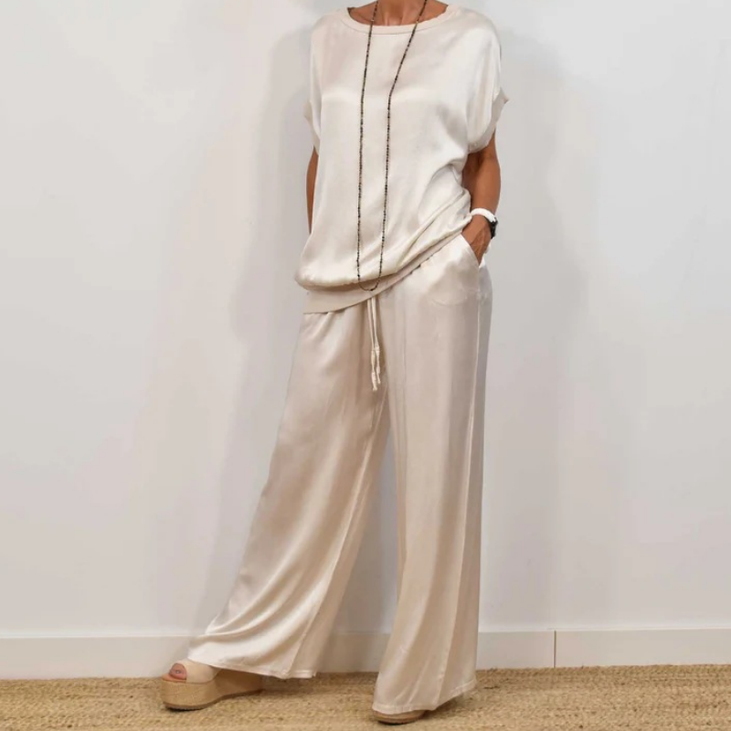 Women’s Satin Short-Sleeve Wide-Leg Lounge Set