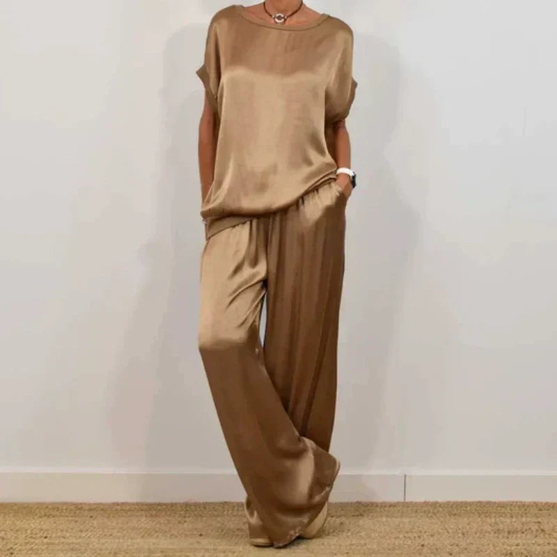 Women’s Satin Short-Sleeve Wide-Leg Lounge Set