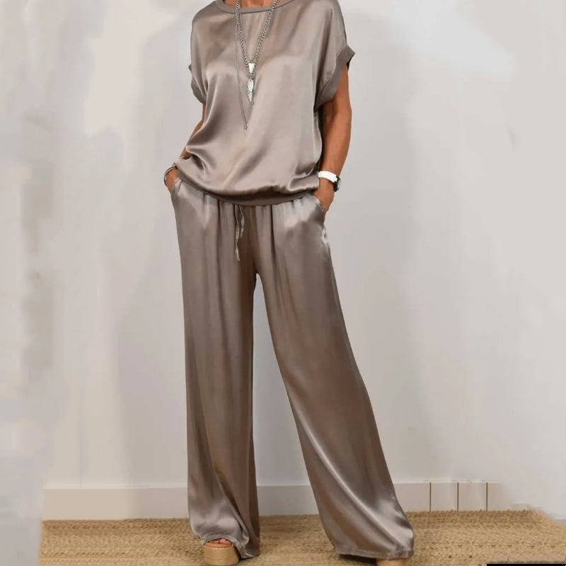 Women’s Satin Short-Sleeve Wide-Leg Lounge Set