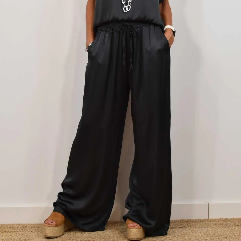 Women’s Satin Short-Sleeve Wide-Leg Lounge Set