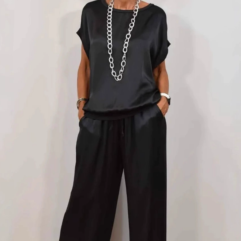 Women’s Satin Short-Sleeve Wide-Leg Lounge Set