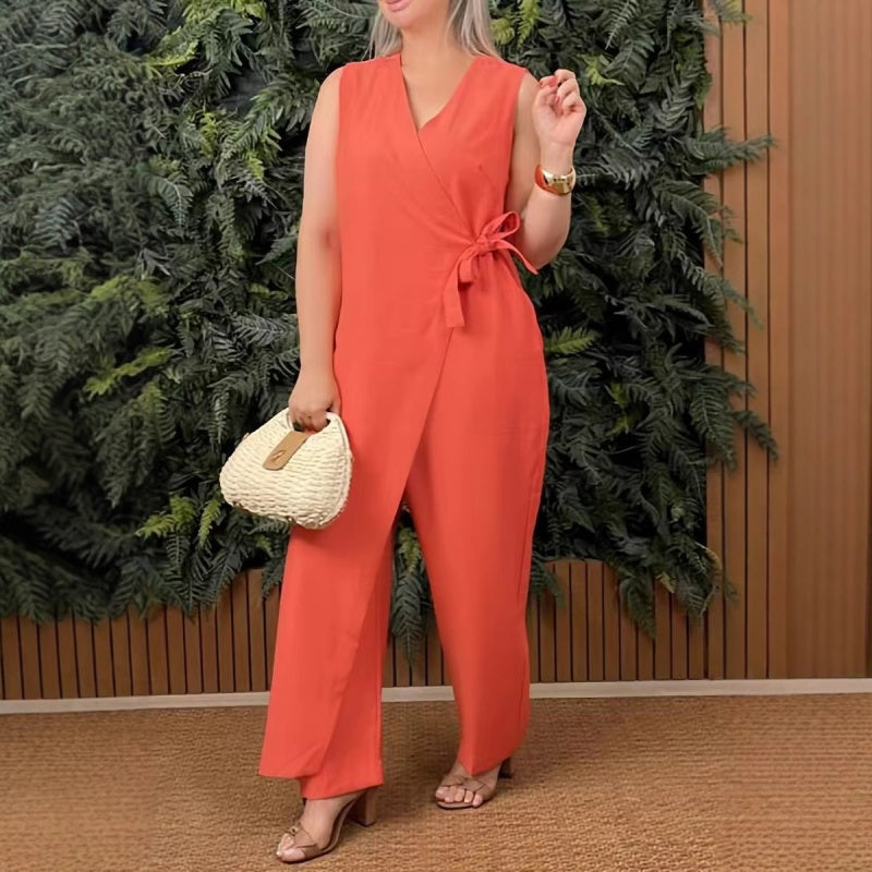 Women Sleeveless V Neck Tie Waist Jumpsuit