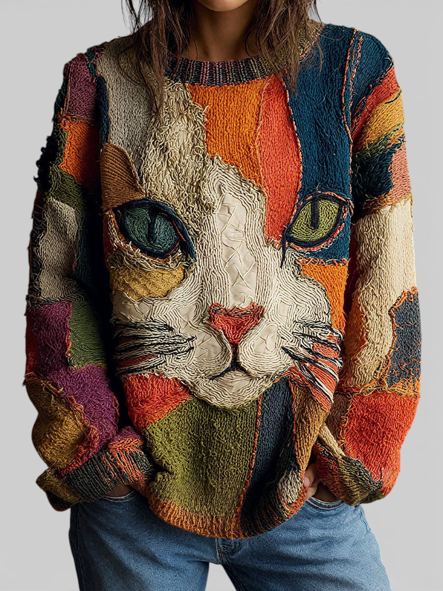 Women's Textured Cat Graphic Crewneck Sweater