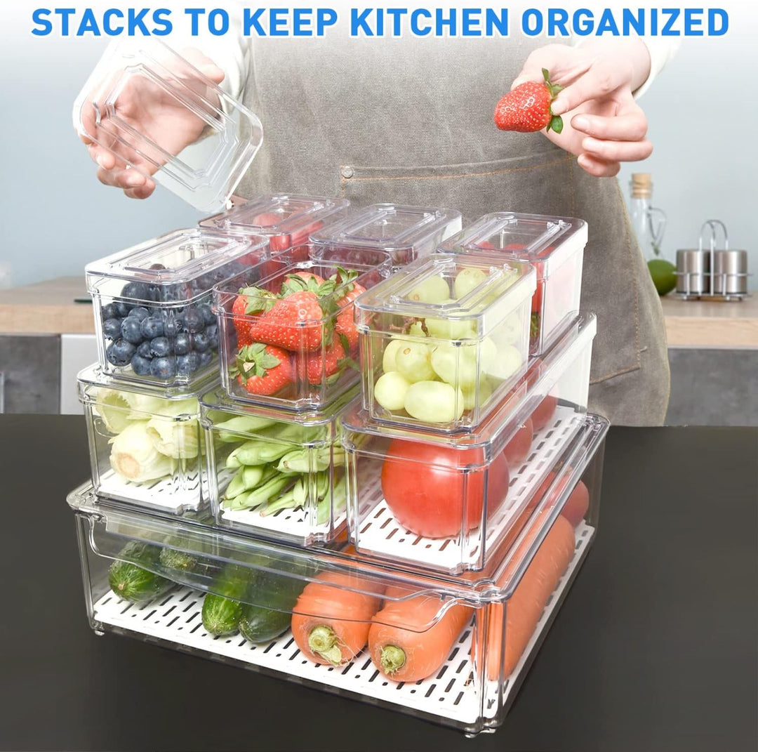10-Pack Fridge Storage Bins | Drain Tray Freshness | Pantry | Clear