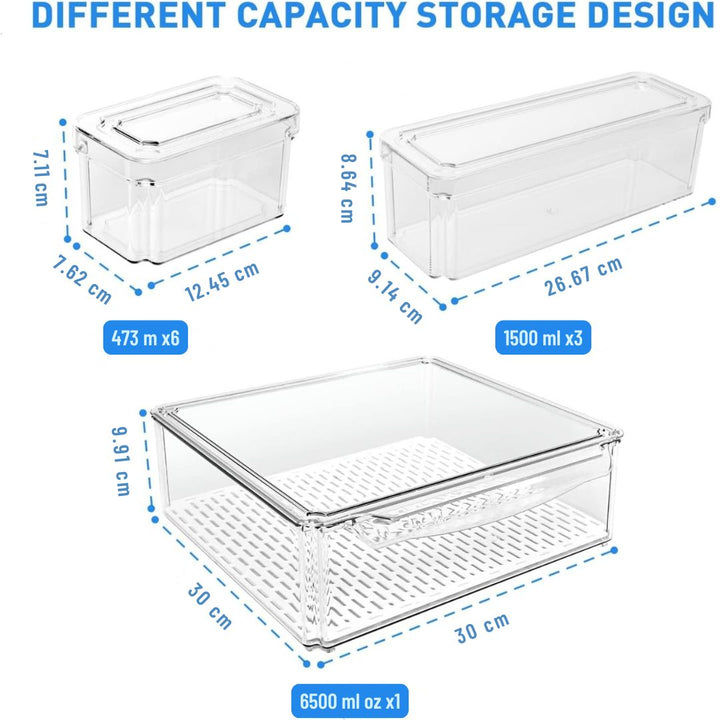 10-Pack Fridge Storage Bins | Drain Tray Freshness | Pantry | Clear