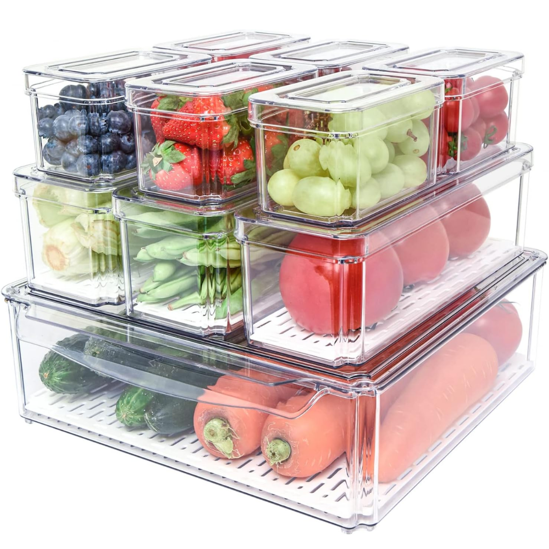 10-Pack Fridge Storage Bins | Drain Tray Freshness | Pantry | Clear